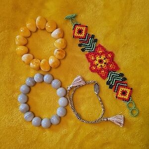 LOT 4 NWOT Adjustable Bracelets: Stone, Hand-beaded, Resin, Labradorite/Woven